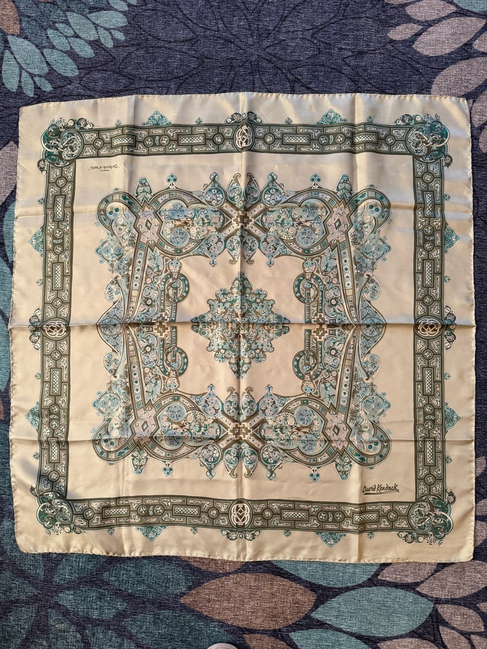 Vintage David Kendrick Irish Celtic Religious Literature Silk Green Ornate Scarf